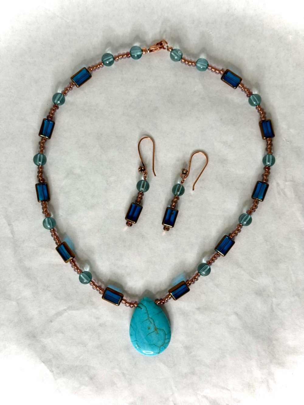 Blue & Copper Glass Beads With Turquoise Teardrop Pendant & Earrings Set